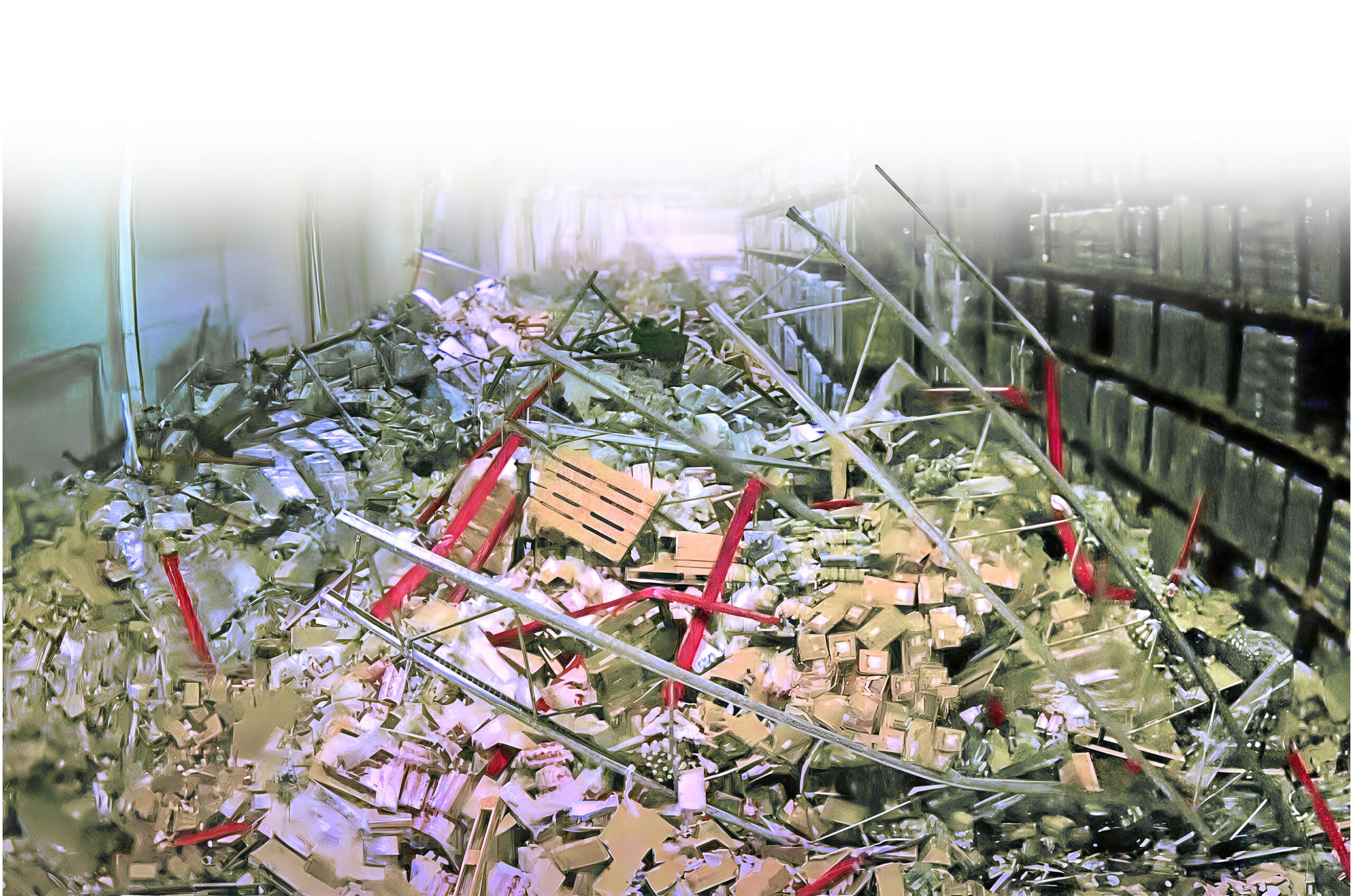 Collapsed warehouse shelves with scattered boxes and metal beams on the floor, debris covering a wide area, surrounded by upright shelves in the background. Collapsed warehouse shelves with scattered boxes and metal beams on the floor, debris covering a wide area, surrounded by upright shelves in the background.