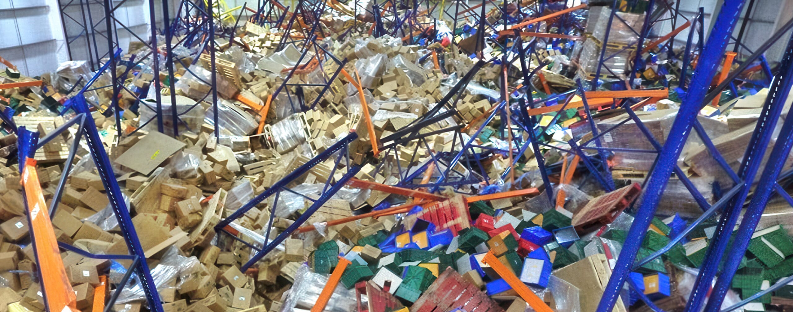 Warehouse scene showing collapsed storage racks with scattered boxes and packages covering the floor. Blue and orange metal beams are visible among the debris.