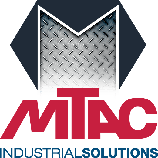 MTAC Industrial Solutions logo featuring a metallic, diamond-plate texture in a large "M" above bold red "MTAC" text and "Industrial Solutions" in black and blue text below.