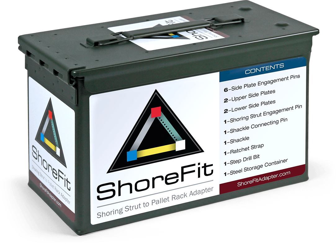 A rectangular metal container labeled "ShoreFit" with a contents list and website URL, featuring a geometric logo on the side.