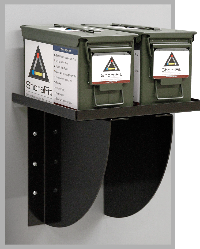 Wall-mounted container holding two labeled metal storage boxes with latches, featuring ShoreFit branding and contents list on the side. Wall-mounted container holding two labeled metal storage boxes with latches, featuring ShoreFit branding and contents list on the side.