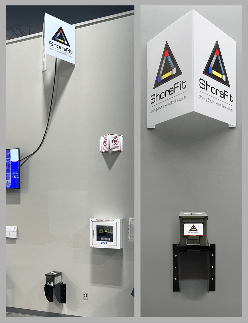 Two images display wall-mounted equipment with ShoreFit branding. The left image shows various devices and cables; the right image shows a single device in a metal casing.