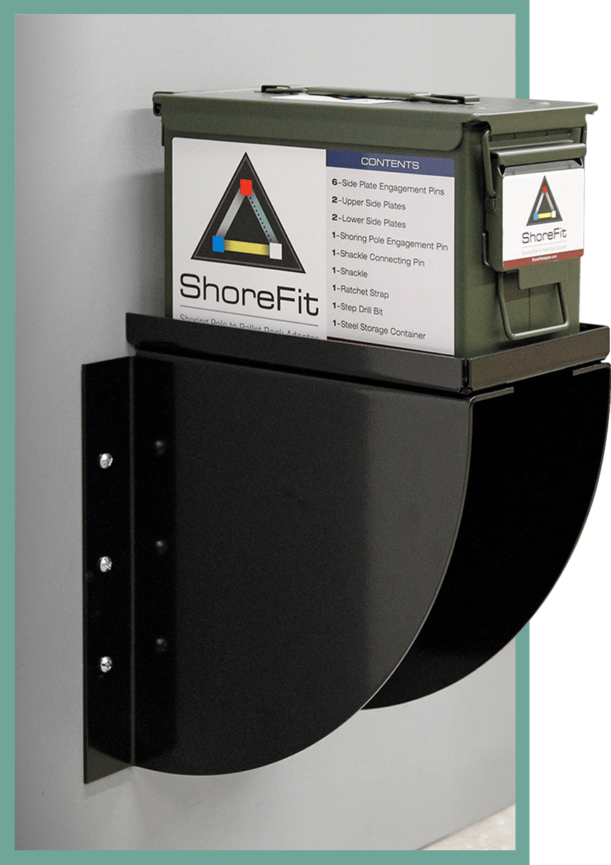 Olive green ShoreFit storage container mounted on a black wall bracket. Olive green ShoreFit storage container mounted on a black wall bracket.