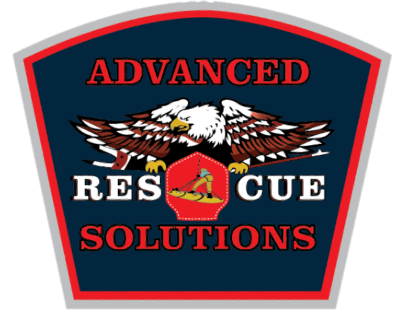 A badge logo for Advanced Rescue Solutions featuring an eagle with spread wings, the text “RESCUE” in large letters, and an image of a rescuer inside a red hexagon.