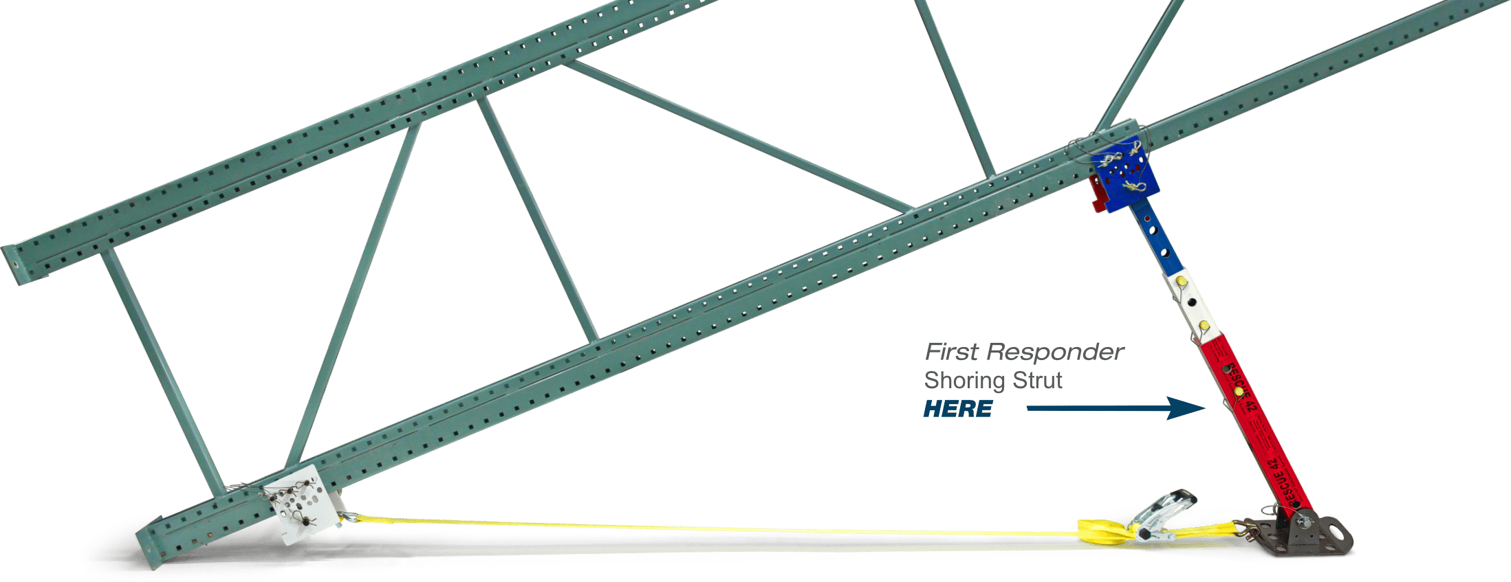 shoring-strut-here Steel truss structure supported by a colorful adjustable brace and secured with a yellow strap on a white background.
